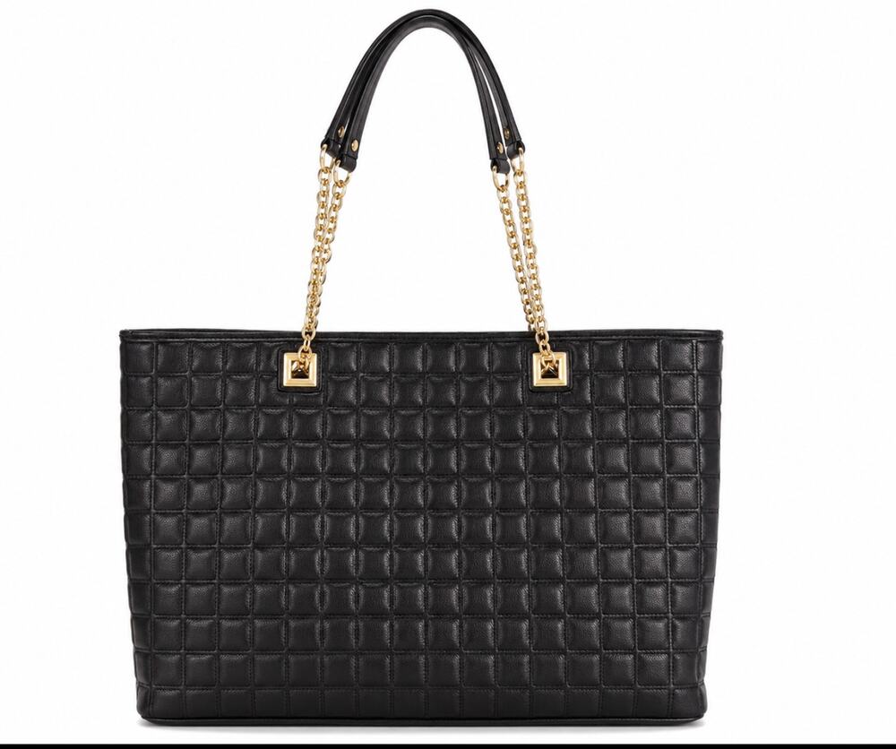 Antonio Melani Black Quilted Leather Tote Gold Chain Shoulder Bag Large